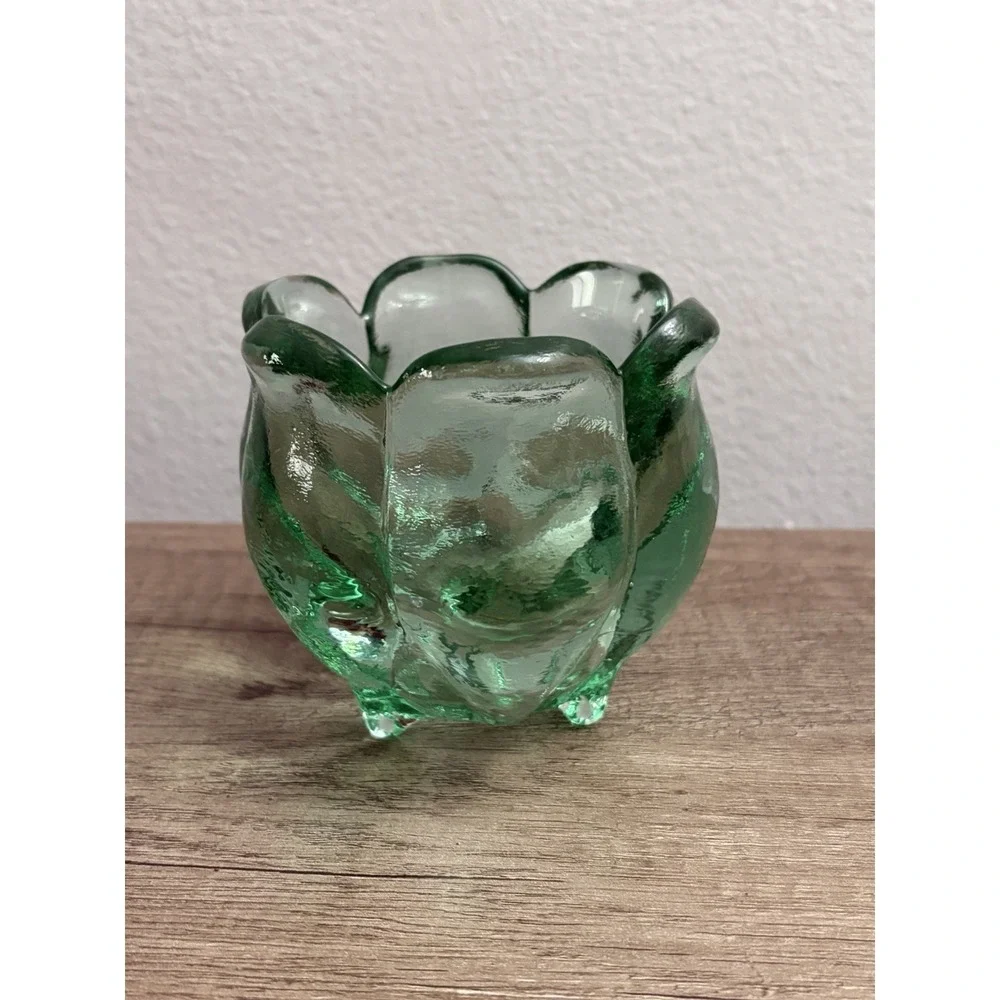 Vintage Spanish Recycled Textured Green Glass Tulip Votive Candle Holder 4